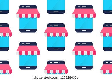 Mobile shop icon in flat style isolated on white background.  Seamless pattern stock vector illustration
