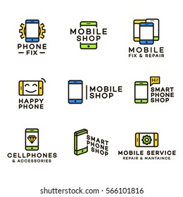 Mobile shop logo color style for corporate identity design. Cellphone store and accessories logo. Vector design elements, business signs, labels, badges and other branding objects