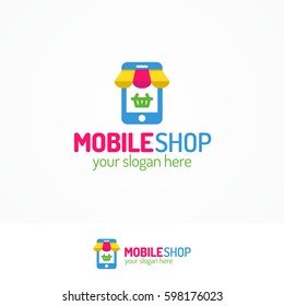 Mobile shop logo set with silhouette phone and basket can used for mobile service, fix and repair. Perfect for your business design. Vector Illustration