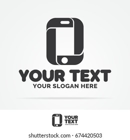 Mobile shop logo template with icon phone black color isolated on white background for cellphone store, phone service and repair, smartphone market. Vector Illustration