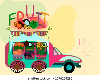 Mobile shop selling fresh produce local fruit.Illustration of colorful Desi food truck.Indian and Pakistani design.Vector for design flyer,invitation, card, poster.
