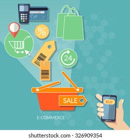 Mobile shopping 24 hours store e-commerce concept internet shopping human hand smart phone flat vector  