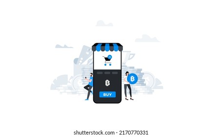 Mobile shopping. Animation ready duik friendly vector. Conceptual business story. Bitcoin, cryptocurrency payment, digital money market.