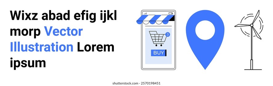 Mobile shopping app with a Buy button, a blue location pin, and a wind turbine highlight e-commerce, navigation, and clean energy. Ideal for digital marketing, e-commerce, technology, navigation
