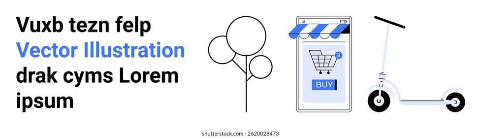 Mobile shopping app with a Buy button, tree outline, and electric scooter suggesting digital commerce, urban lifestyle, and eco-friendly transport. Ideal for tech blogs, e-commerce sites, urban