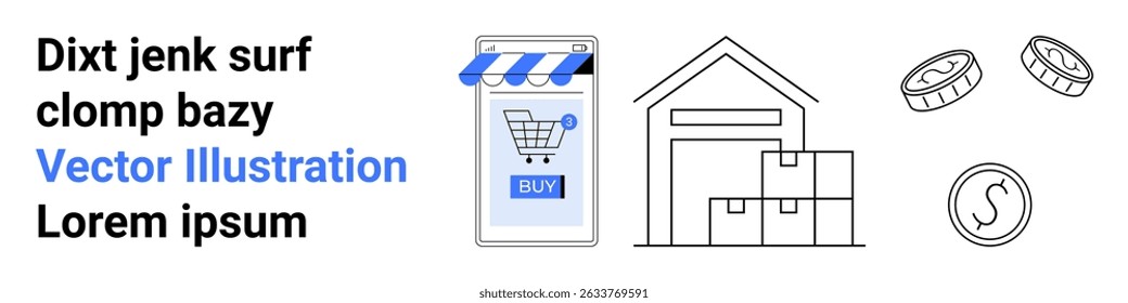 Mobile shopping app with a Buy button, warehouse storage with boxes, coin stacks, and a dollar sign. Ideal for online retail, delivery services, inventory management, e-commerce strategies, fintech