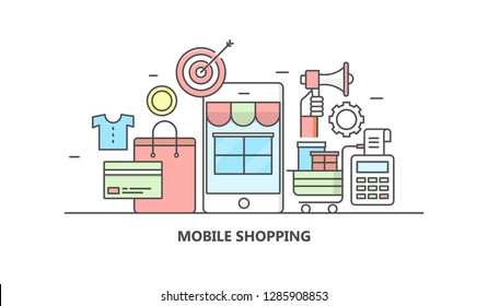 Mobile shopping - shopping app - Digital marketing  - Mobile business advertising - flat line vector banner