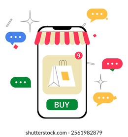 Mobile Shopping App Interface With Shopping Bag Icon In Flat Vector Illustration Symbolizing Online Purchases And Digital Commerce, Isolated On White Background