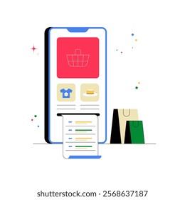 Mobile Shopping App Interface With Shopping Bags In Flat Vector Illustration Symbolizing Retail, E Commerce, And Purchases, Isolated On White Background