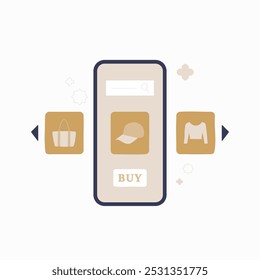 App de compras móvil interfaz con iconos para productos como sombreros y prendas de vestir en Ilustración vectorial plana que simboliza compras en línea y venta al por menor digital, aislado en el fondo blanco.