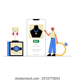 Mobile Shopping App With Jewelry Products In Flat Vector Illustration Symbolizing Online Shopping, Fashion Accessories, And E-Commerce, Isolated On White Background