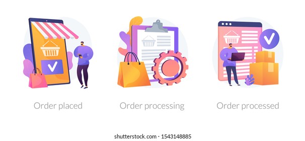 Mobile shopping app, modern online technology, internet customer service icons set. Order placed, order processing, order processed metaphors. Vector isolated concept metaphor illustrations