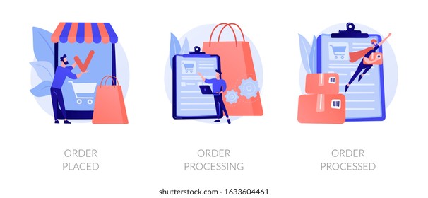 Mobile shopping app, modern online technology, internet customer service icons set. Order placed, order processing, order processed metaphors. Vector isolated concept metaphor illustrations