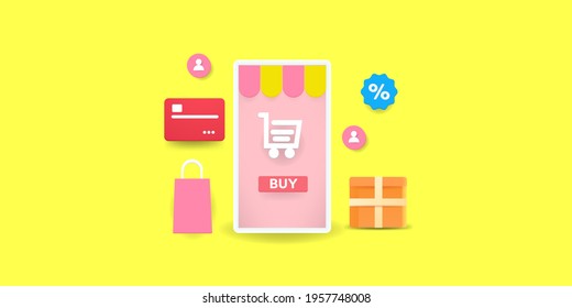 Mobile shopping app,  Online shopping, mobile commerce, digital payment - conceptual vector illustration isolated on yellow background