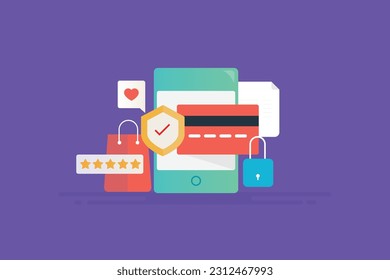 Aplicación de compra móvil, aplicación de pago seguro. Cheque de compra seguro de Smartphone - fondo de ilustración vectorial con iconos