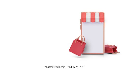 Mobile Shopping App With Store Awning And Red Shopping Bags In 3D Cartoon Style. Ideal For E-Commerce, Online Store, Or Sale Promotion Concepts. Vector Illustration.