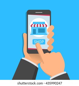 Mobile shopping application concept. One hand holds smartphone and finger taps the screen. Flat design vector illustration