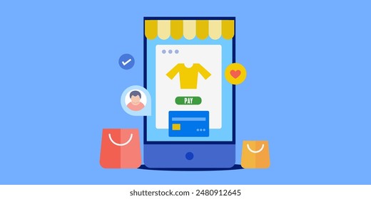 Mobile shopping application, Customer buying products from mobile apps, Safe and secure shopping on mobile. Vector illustration with icons