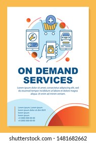 Mobile shopping brochure template layout. On demand economy flyer, booklet print design with linear illustrations. E commerce vector page layout for magazine, annual report, advertising poster