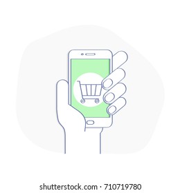 Mobile Shopping Button with Shopping Cart on Smartphone Screen, Business on line Shopping and E-marketing on Mobile Vector Illustration, Commercial icon for web design