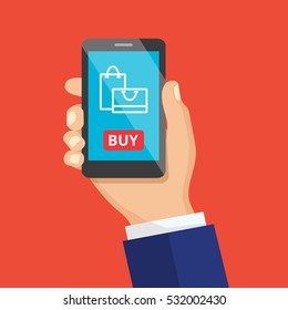 Mobile shopping button, flat design isolated.  E-commerce flat design concept. Modern concept for web banners, web sites, infographics. Vector illustration.