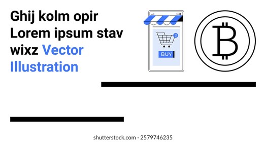Mobile shopping with a Buy button and Bitcoin symbol. Ideal for themes on e-commerce, online shopping, cryptocurrency transactions, digital marketing, and fintech. Banner for landing page