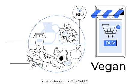 Mobile shopping cart app with bio label for buying organic vegan food. Fruits, veggies and a shopping cart. Ideal for online shopping, vegan lifestyle, organic food, healthy eating, digital commerce