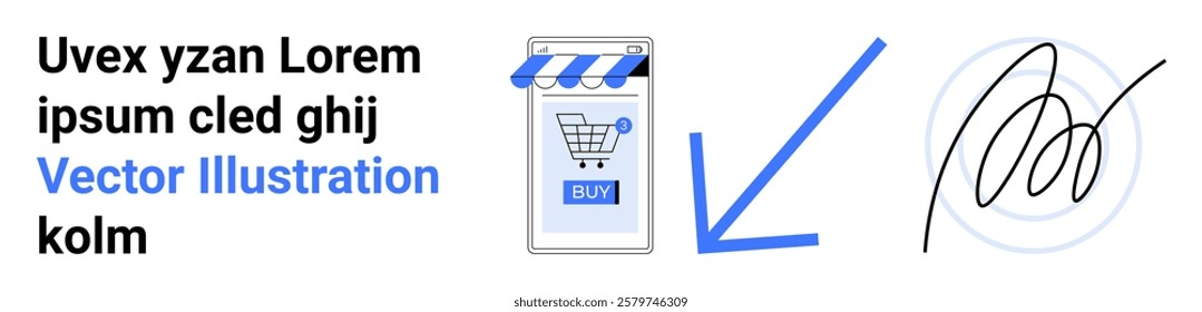 Mobile shopping cart icon with a blue arrow pointing to a signature scribble. Ideal for e-commerce, digital transactions, secure payments, online shopping, modern business. Banner for landing page