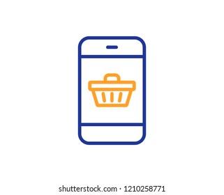 Mobile Shopping cart line icon. Smartphone Online buying sign. Supermarket basket symbol. Colorful outline concept. Blue and orange thin line color icon. Smartphone buying Vector