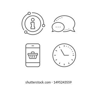 Mobile Shopping cart line icon. Chat bubble, info sign elements. Smartphone Online buying sign. Supermarket basket symbol. Linear smartphone buying outline icon. Information bubble. Vector