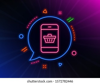 Mobile Shopping cart line icon. Neon laser lights. Smartphone Online buying sign. Supermarket basket symbol. Glow laser speech bubble. Neon lights chat bubble. Vector