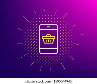 Mobile Shopping cart line icon. Halftone pattern. Smartphone Online buying sign. Supermarket basket symbol. Gradient background. Smartphone buying line icon. Yellow halftone pattern. Vector