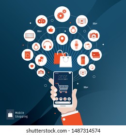 Mobile shopping, mobile commerce concept. Hand holding smartphone with checkout page. Modern flat design graphic elements, thin line icons set for web banner, 