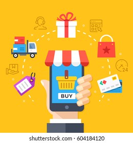 Mobile shopping, mobile commerce concept. Hand holding smartphone with checkout page. Modern flat design graphic elements, thin line icons set for web banner, website, infographic. Vector illustration