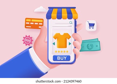 Mobile shopping concept 3D illustration. Icon composition with application interface for shopping in store, discounts, online payment and delivery service. Vector illustration for modern web design