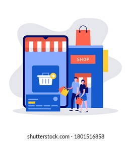 Mobile Shopping Konzept mit Charakteren, großem Smartphone und Speicher. Moderne Vektorgrafik im flachen Stil für Landing Page, Mobile App, Poster, Template, Web Banner, Infografiken, Heldenbilder.
