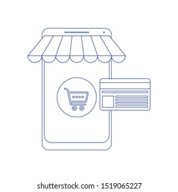Mobile shopping concept with credit flat style. Concept of line icon