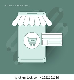 Mobile shopping concept with credit flat style. Concept of line icon with green theme