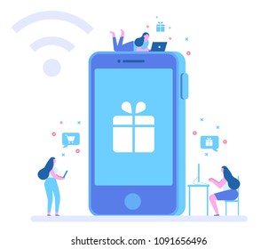 Mobile shopping concept. Different people in front of  big cell phone.Flat vector illustration.