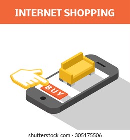 Mobile shopping concept. E-commerce flat isometric vector illustration. Buy online cartoon picture. 3d couch standing on the smartphone stylized as a shop-window