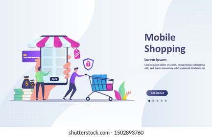 Mobile Shopping concept for e-Commerce, people buy things in the online store, Suitable for web landing page, ui, mobile app, banner template. Vector Illustration