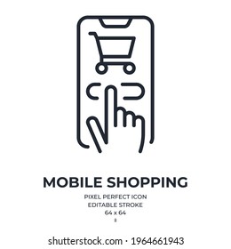 Mobile shopping concept editable stroke outline icon isolated on white background flat vector illustration. Pixel perfect. 64 x 64.