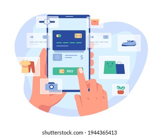 Mobile shopping concept Gadgets, applications for shopping on the Internet. Buyers can choose to buy products and pay for the products through mobile banking. vector illustration flat design