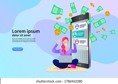 Mobile shopping concept. happy woman gets money and reward online. Online money payment transfer illustration vector.
