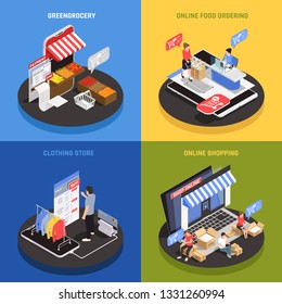 Mobile shopping concept icons set with online food ordering symbols isometric isolated vector illustration