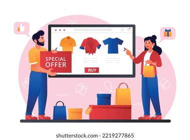 Mobile Shopping Concept. Man And Girl Choose Clothes, Special Offer For Regular Clients. Quality Service, Home Delivery And Cashless Payment. Transfer And Transaction. Cartoon Flat Vector Illustration