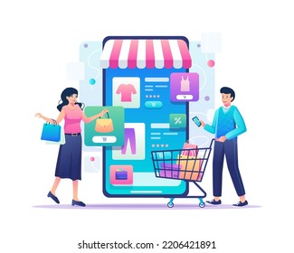 Mobile Shopping Konzept. Ein Mann und eine Frau kaufen Sachen im Online-Shop über ein großes Smartphone. E-Commerce und Online-Shopping. Vektorgrafik in Flachstil