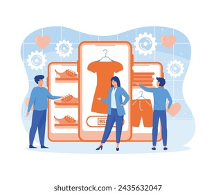 Mobile shopping concept. A men and a woman buy things in the online store. Shopping on social networks through phone. flat vector modern illustration 