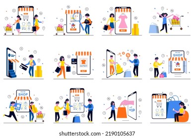 Mobile shopping concept with tiny people scenes set in flat design. Bundle of men and women choose and order goods in app, pay online from smartphone, receive discounts. Vector illustration for web