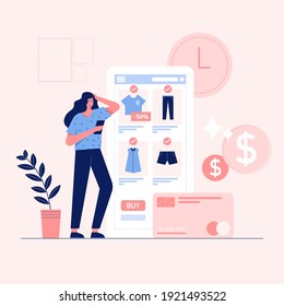 Mobile shopping concept. a woman shopping for clothes online. Vector flat illustration.